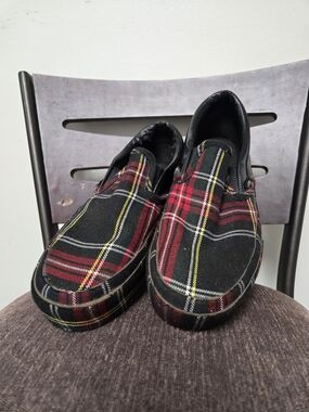 Vans Slip-On Sneakers in Black with Red & Green Plaid